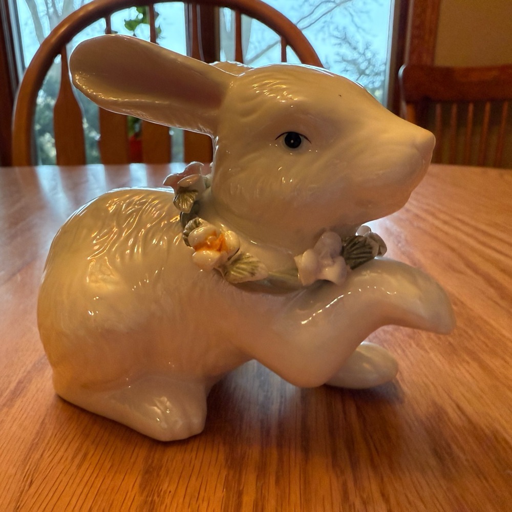 Vintage Porcelain White Rabbit with a Flower Wreath